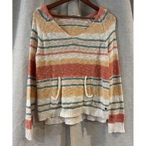 ROXY Hoodie Womens S Pullover Striped Knit Beach Boho Hooded Long Sleeve T-321